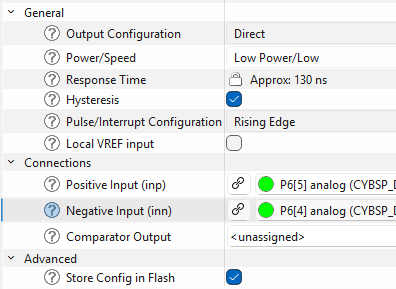 Device Configurator LPCOMP settings showing Direct output, Low Power/Low speed, Hysteresis enabled, Rising Edge interrupt, and analog input pins routed through AMUXBUS A and AMUXBUS B