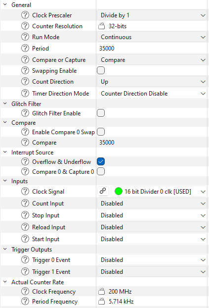 Device Configurator TCPWM timer configured for the clock self-test with Timer-Counter mode and terminal count interrupt enabled